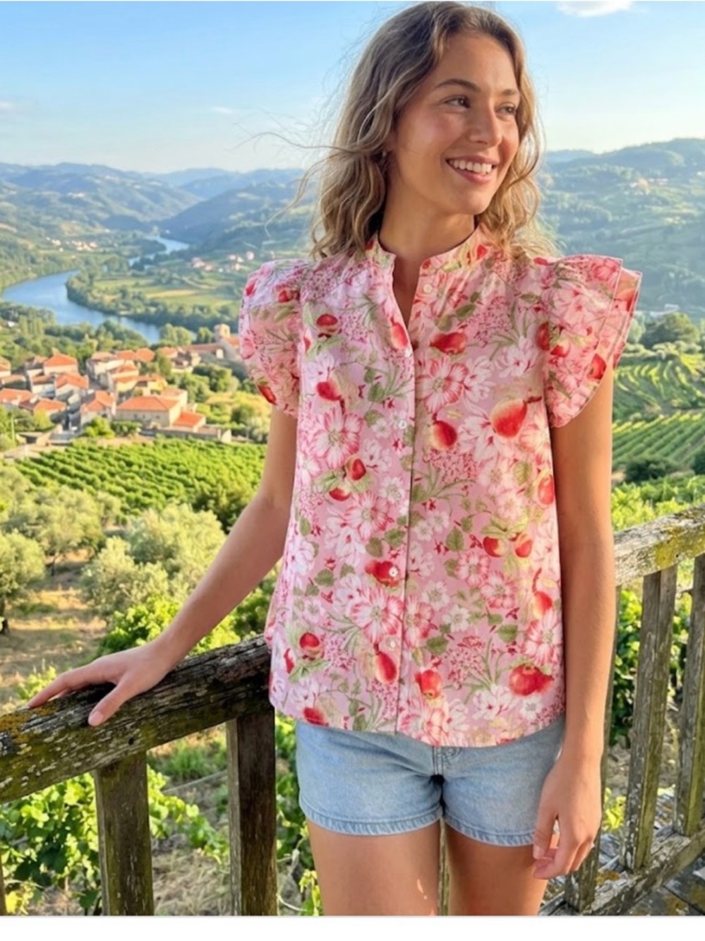 Rose & Olive Pink Floral Ruffle-Sleeve Button Top